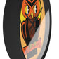 This black wooden wall clock features a retro illustration of an orange and black owl with a yellow full moon. The frame and hands of the clock are black.