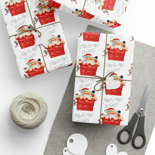 Christmas Wishes Santa In Chimney Mid Century Retro Christmas Style Holiday Gift Wrap Paper - Glossy Or Matte