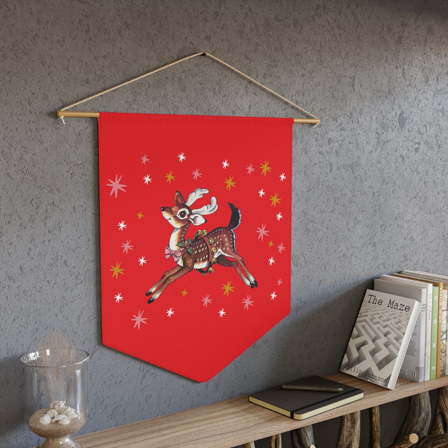 Reindeer Stars Red Mid Century Retro Christmas Print Wall Hanging Banner Flag