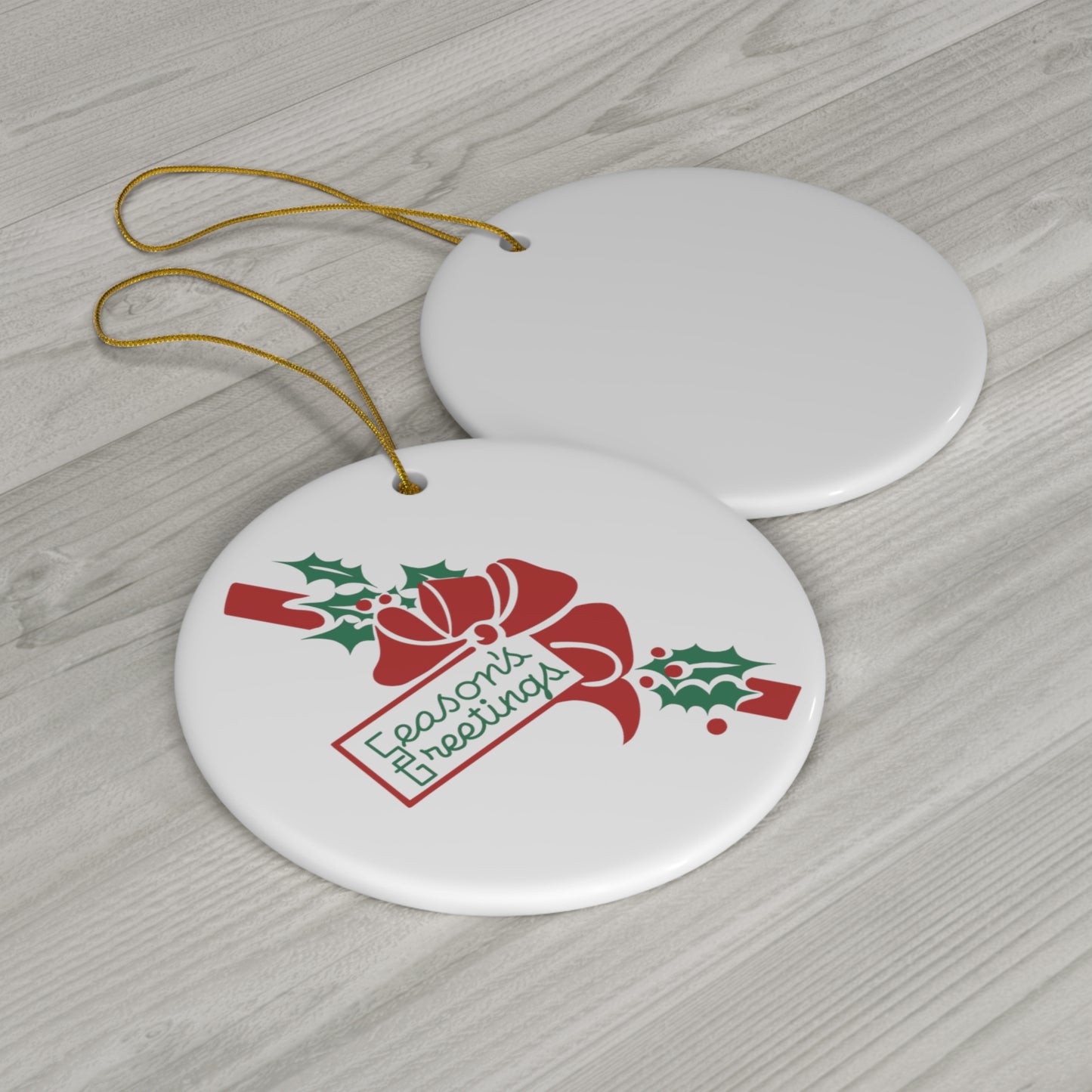 Seasons Greetings Bow And Holly Mid Century Retro Christmas Print Ceramic Ornament