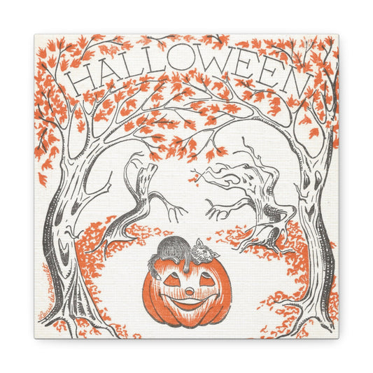 Halloween Trees Black Cat Jack O Lantern Retro Halloween Decor Print Canvas Gallery Wrap