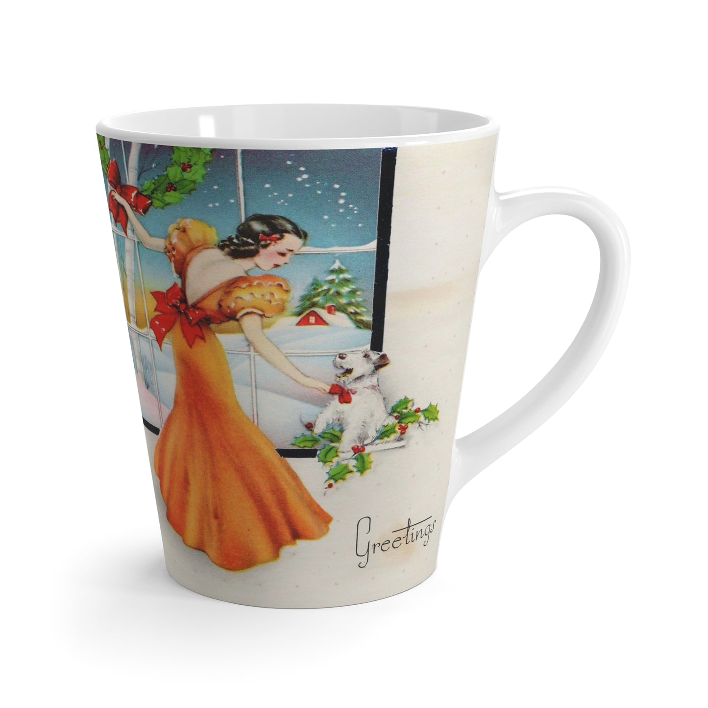 Greetings Lady With Dog Christmas Wreath Retro Christmas Print Latte Coffee Mug