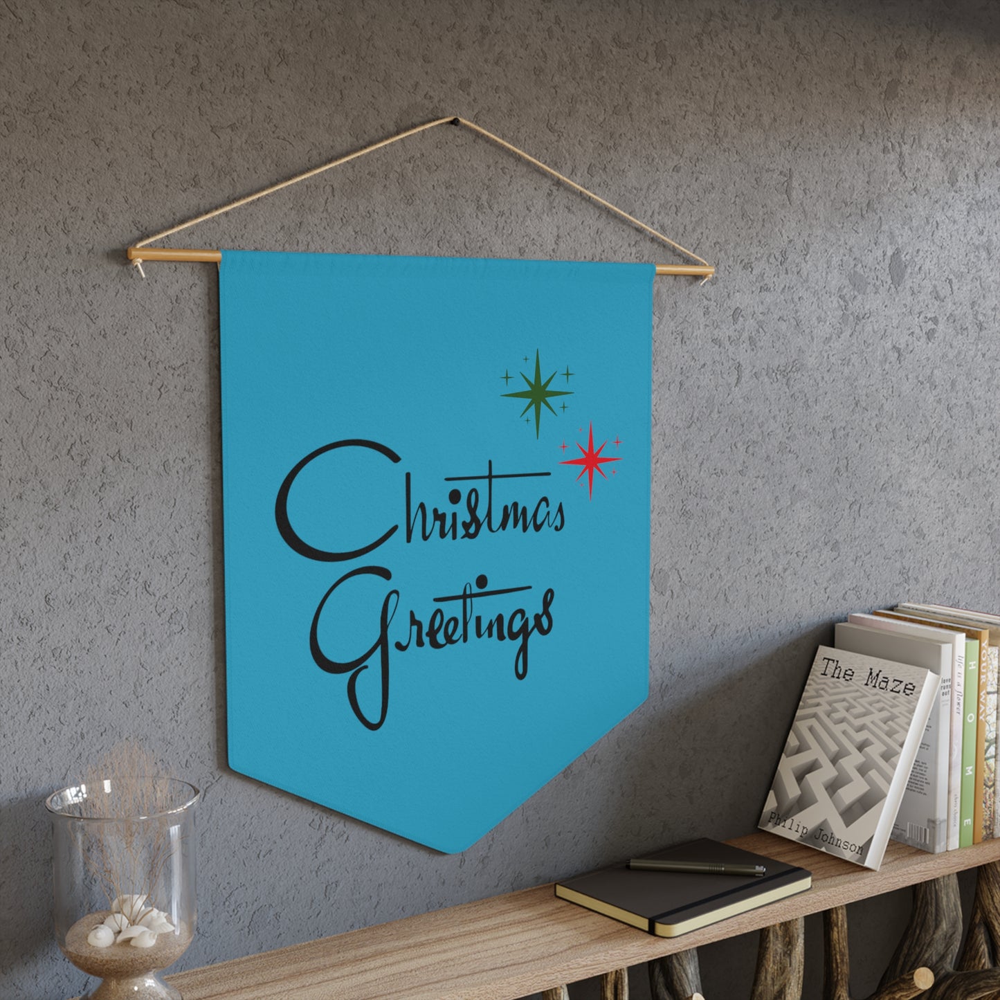 Christmas Greetings Starburst Retro Mid Century Blue Christmas Print Wall Hanging Banner Flag