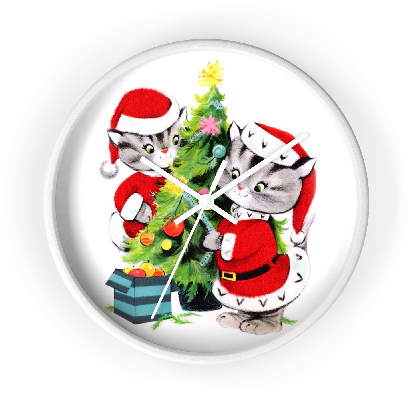 Santa Christmas Cats Decorating Tree Mid Century Retro Print White Christmas Wall Clock