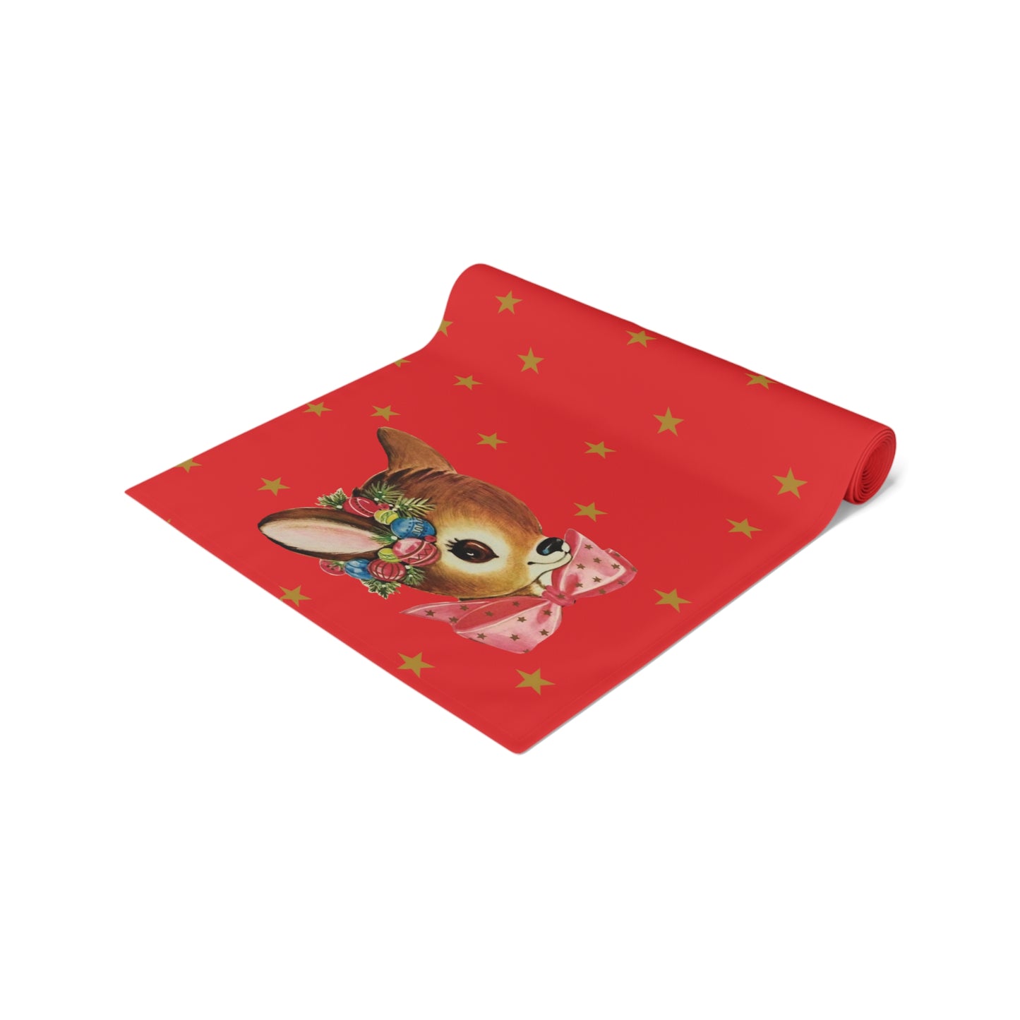 Reindeer Gold Stars Retro Red Christmas Print Home Decor Cotton Poly Table Runner