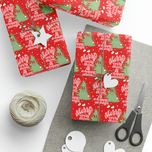 Merry Everything And Happy Always Cute Christmas Tree Retro Style Christmas Holiday Gift Wrap Paper - Glossy Or Matte