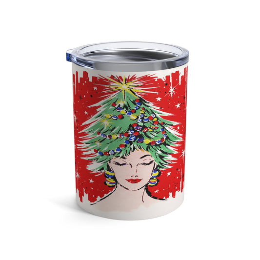 Christmas Tree Hat Lady 50s Mid Century Retro Christmas Print Stainless Steel Tumbler 10oz