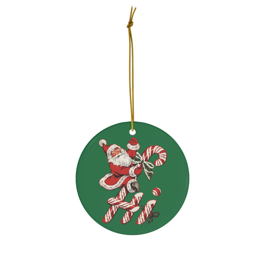 Hi Santa On Candy Canes Mid Century Retro Christmas Print Ceramic Ornament