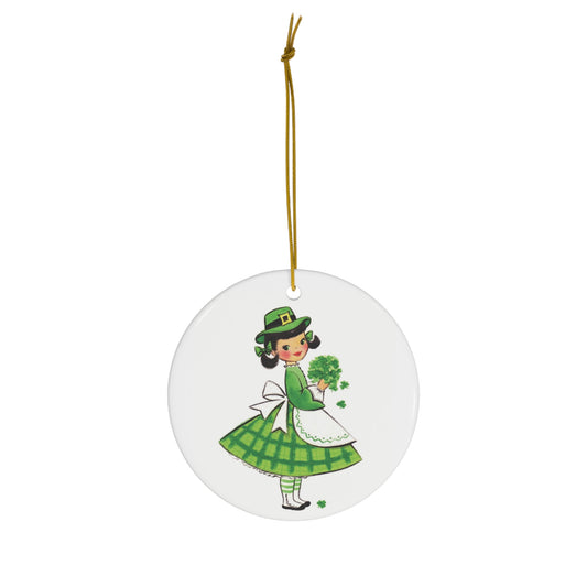 St Patrick's Day Girl Four Leaf Clovers Retro St Patrick's Print Ceramic Ornament