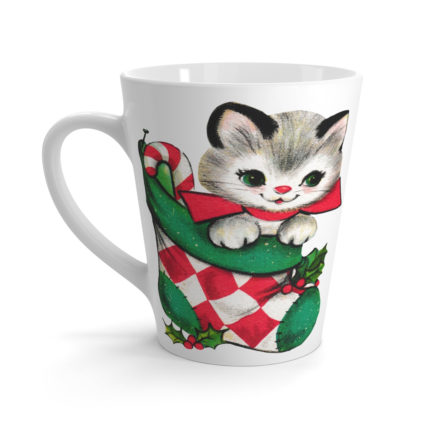 Christmas Kitten In Stocking Mid Century Retro Christmas Print Latte Coffee Mug