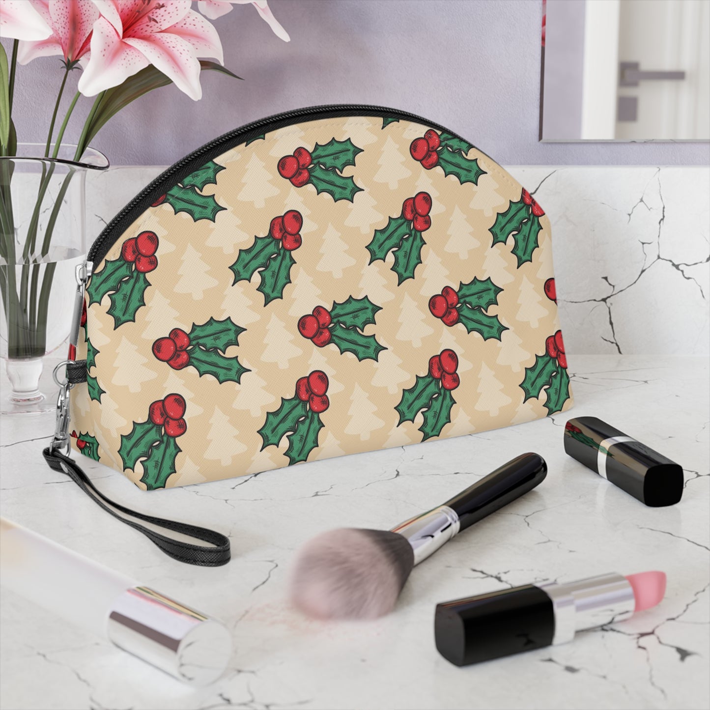 Cute Christmas Holly Christmas Travel Cosmetic Makeup Bag