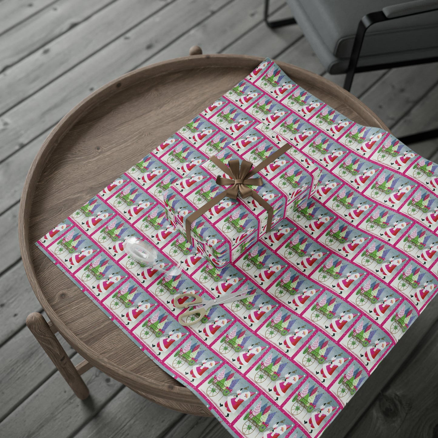 Pink Santa With Trees And Bell Mid Century Retro Christmas Print Holiday Gift Wrap Paper - Glossy Or Matte