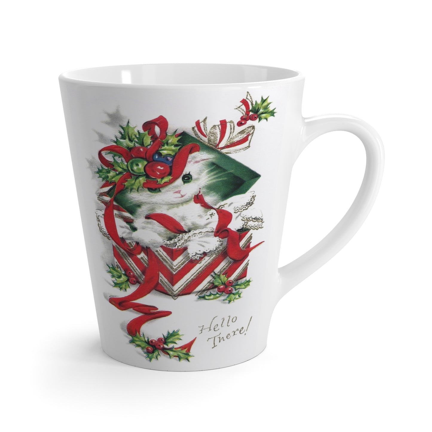 Hello There! Cute Christmas Kitten In Present Mid Century Retro Christmas Print Latte Coffee Mug