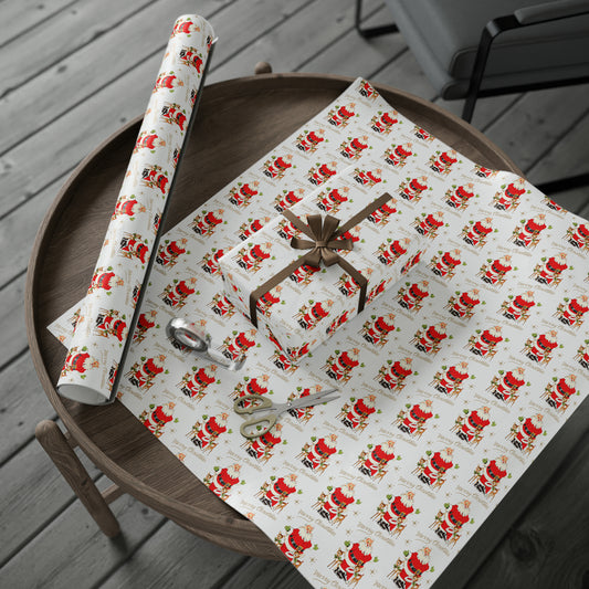 This white Christmas wrapping paper features a midcentury vintage illustration of Santa with two baby reindeer. There are gold stars and lettering that says Merry Christmas.