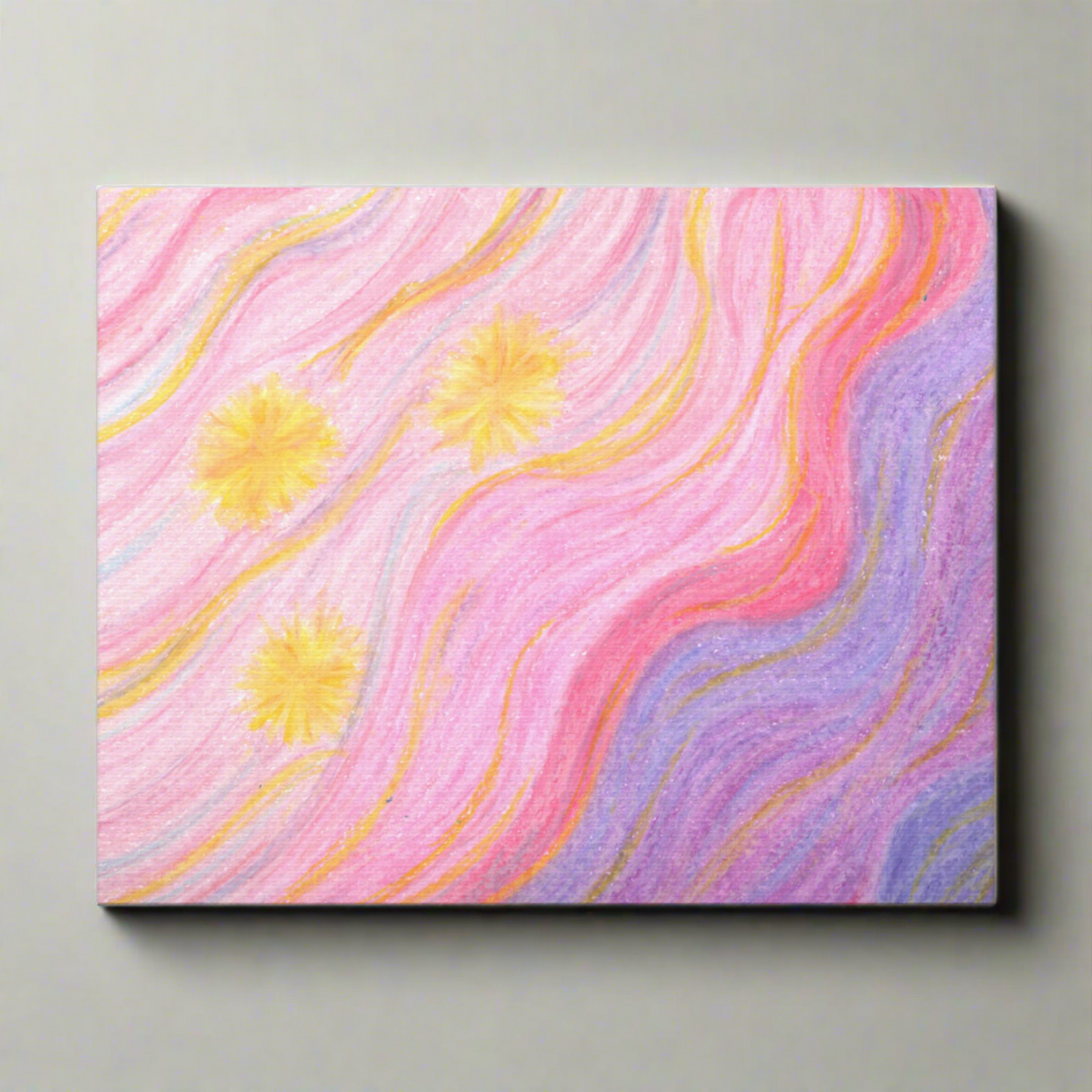 This canvas gallery wrap features the artwork of Caden Caraco. Original medium is oil pastels on paper. It features a celestial sunset of three yellow stars and a swirling sky full of pinks, purples, yellows and blues.