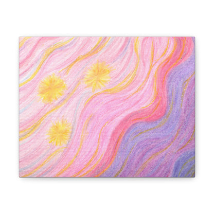 This canvas gallery wrap features the artwork of Caden Caraco. Original medium is oil pastels on paper. It features a celestial sunset of three yellow stars and a swirling sky full of pinks, purples, yellows and blues.