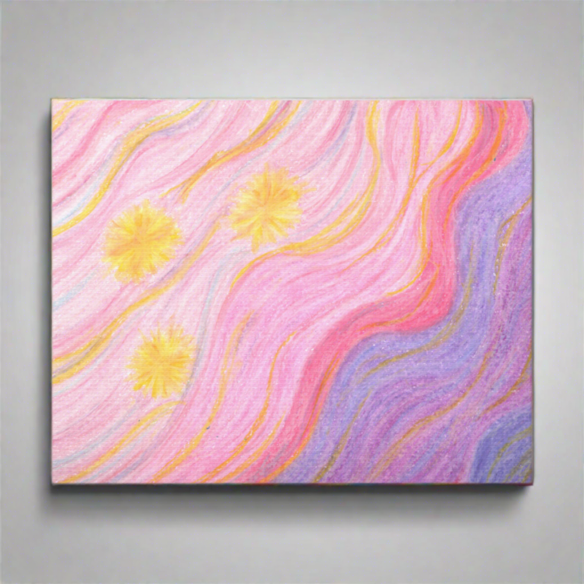 This canvas gallery wrap features the artwork of Caden Caraco. Original medium is oil pastels on paper. It features a celestial sunset of three yellow stars and a swirling sky full of pinks, purples, yellows and blues.