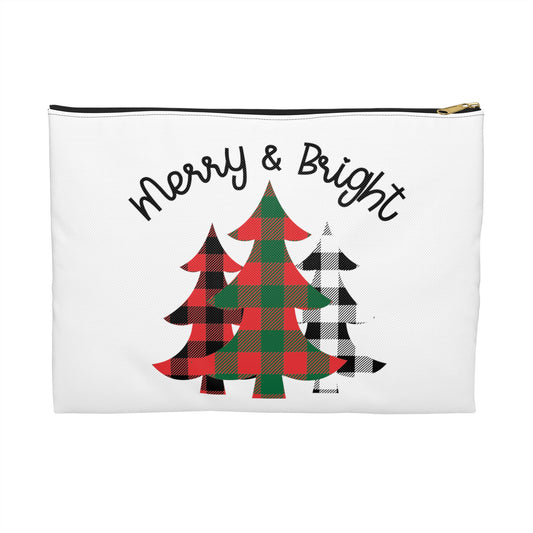 Merry And Bright Buffalo Checkered Trees Christmas Print Polyester Accessory Pouch Travel Bag