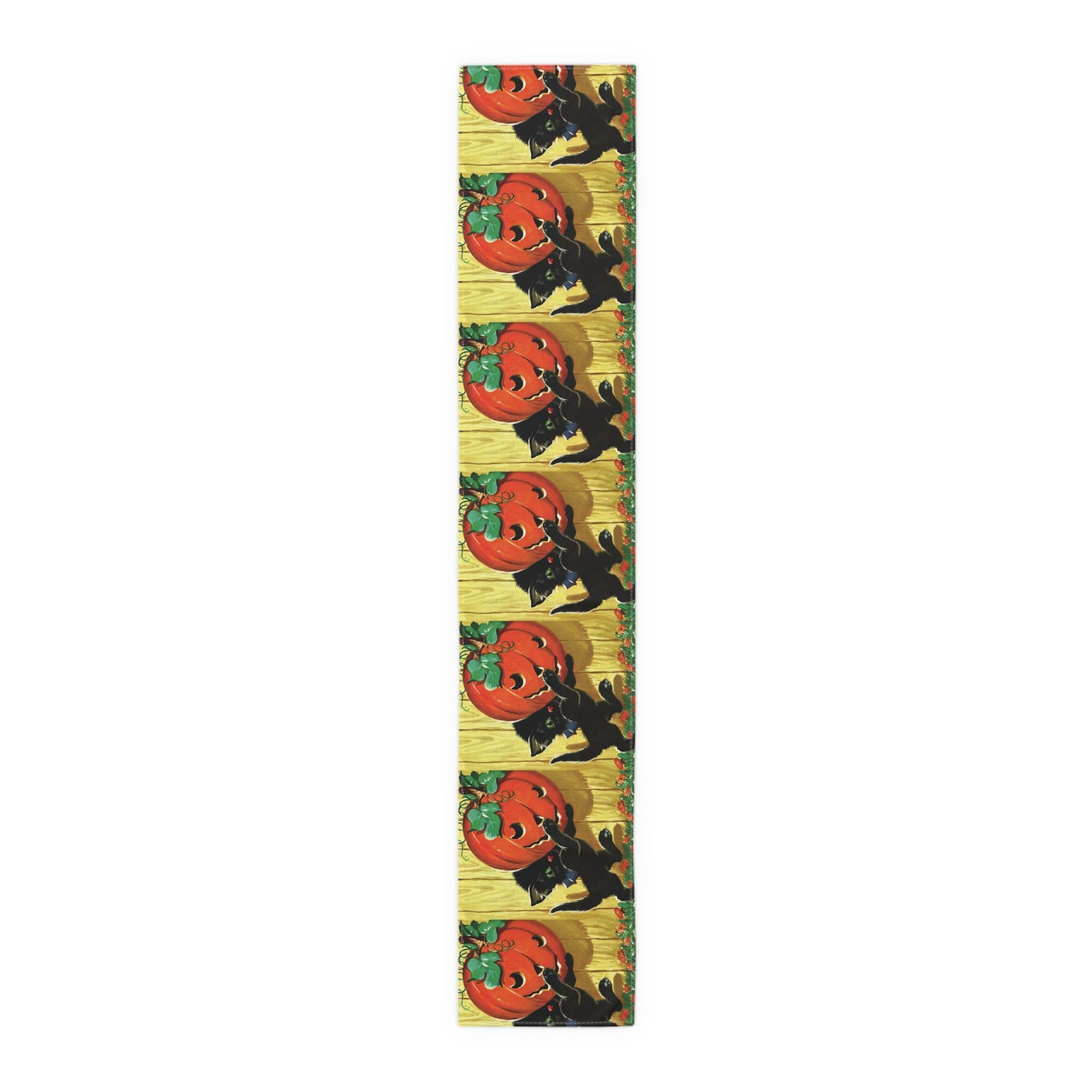 Black Cat With Jack O Lantern Retro Halloween Print Cotton Poly Table Runner