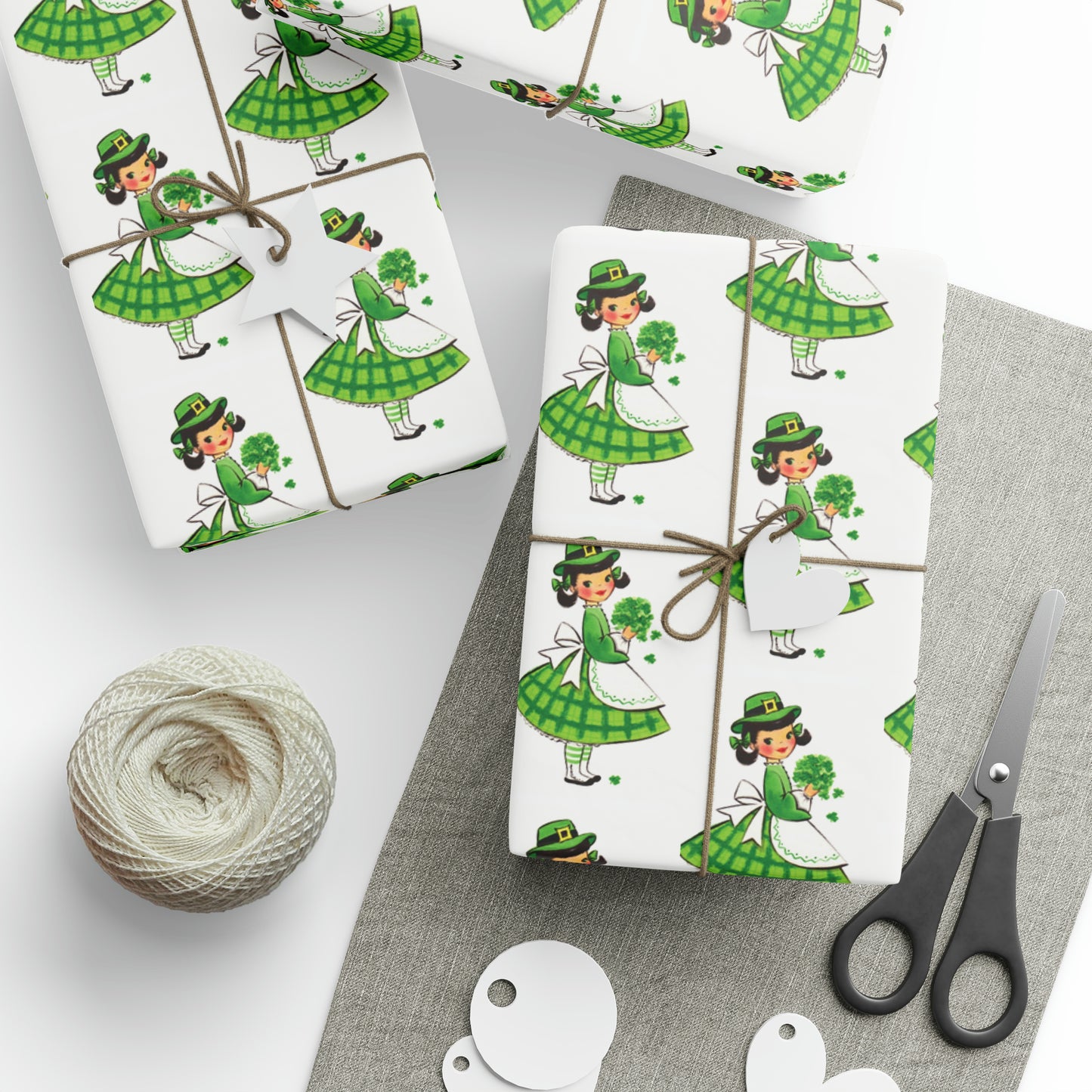 St Patrick's Day Girl Four Leaf Clovers Retro St Patrick's Day Print Holiday Gift Wrap Paper - Glossy Or Matte