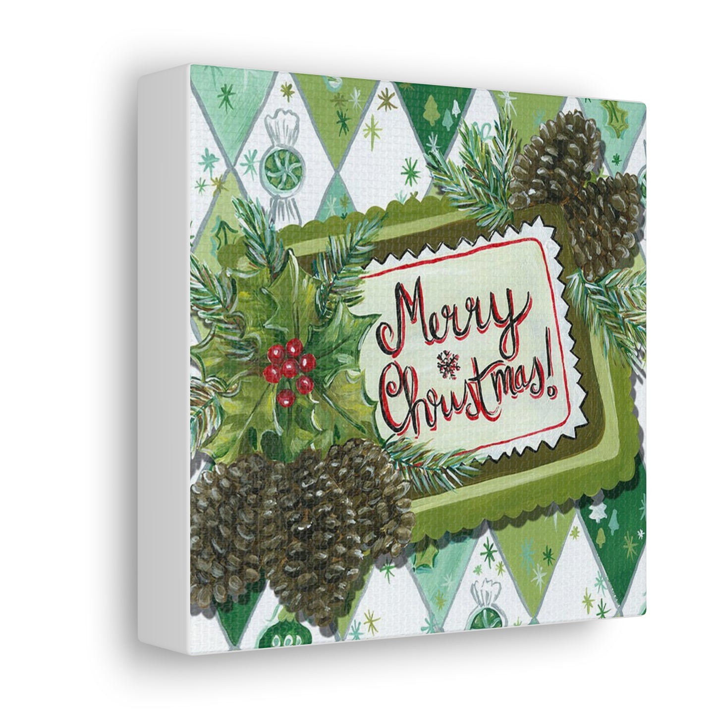 Merry Christmas Pinecones Retro Christmas Canvas Gallery Wrap