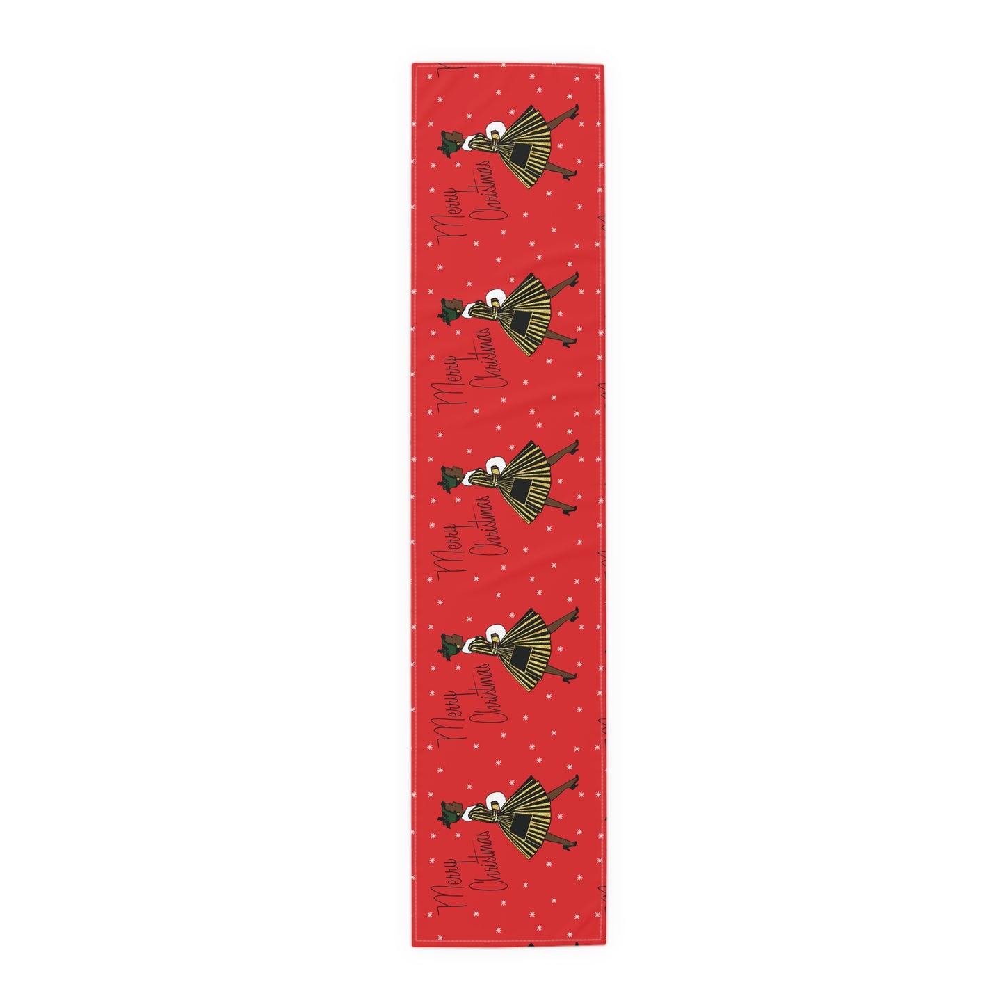 Merry Christmas Lady In Snow Red Retro Christmas Print Home Decor Cotton Poly Table Runner