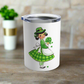 This 10 ounce stainless steel travel mug tumbler features a midcentury retro St. Patrick's Day illustration of an Irish girl holding a bouquet of shamrocks. 