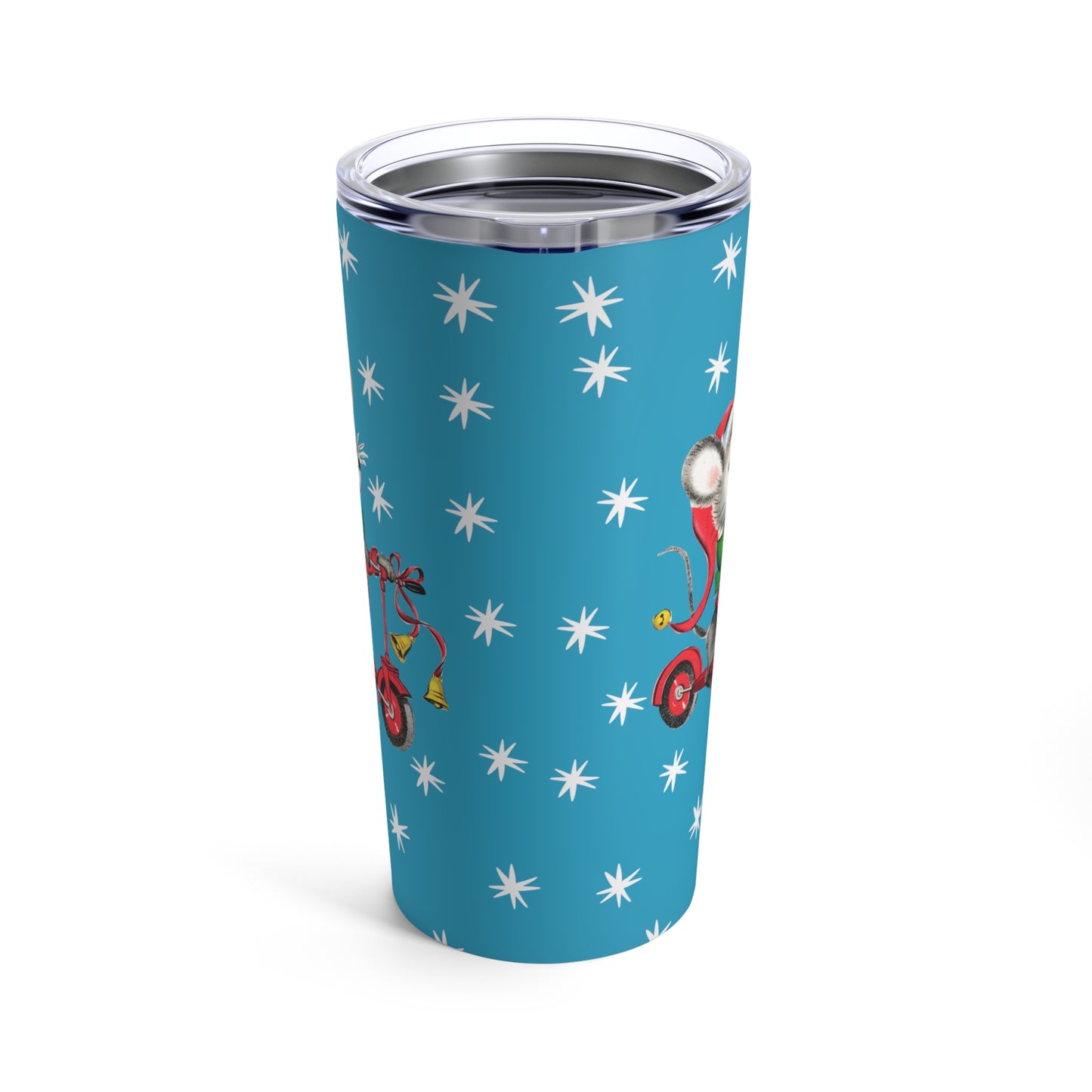 Christmas Mouse On Scooter Stars Bluee Mid Century Retro Christmas Print Stainless Steel Tumbler 20oz