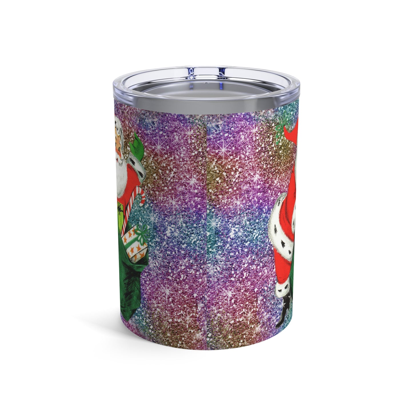 Santa With His Sack Of Presents Glitter Background Retro Christmas Print Stainless Steel Tumbler 10oz