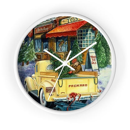 Yellow Christmas Packard Truck With Tree Retro Christmas Print White Wall Clock