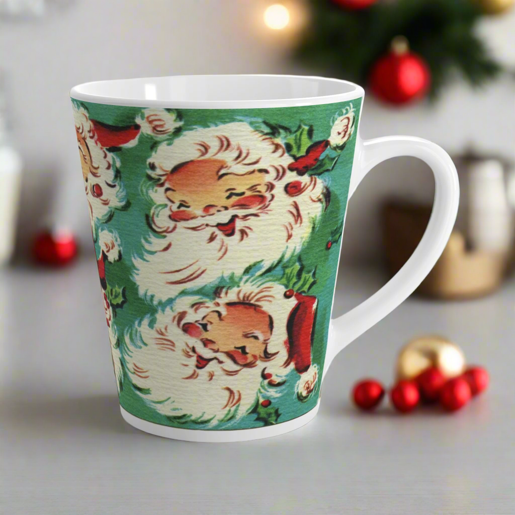 This ceramic glossy latte Christmas mug features a vintage Midcentury illustration of six laughing santas with holly berries.