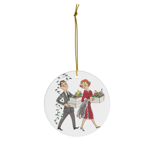 Christmas Couple With Decorations Mid Century Retro Christmas Print Ceramic Ornament