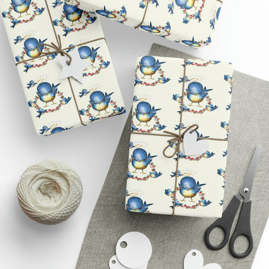 Mama Bluebird With Babies Retro Mother's Day Print Holiday Gift Wrap Paper - Glossy Or Matte