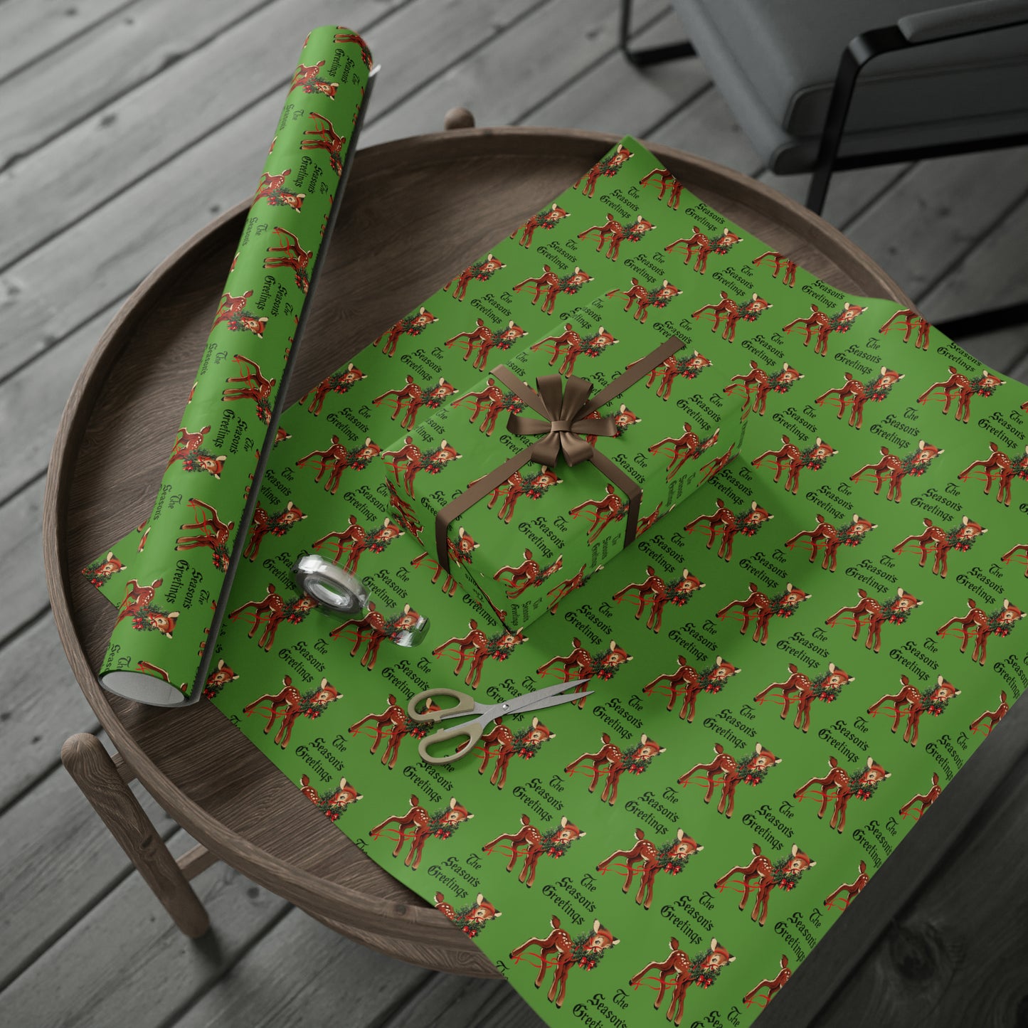 The Season's Greetings Reindeer With Wreath Mid Century Retro Christmas Print Holiday Gift Wrap Paper - Glossy Or Matte