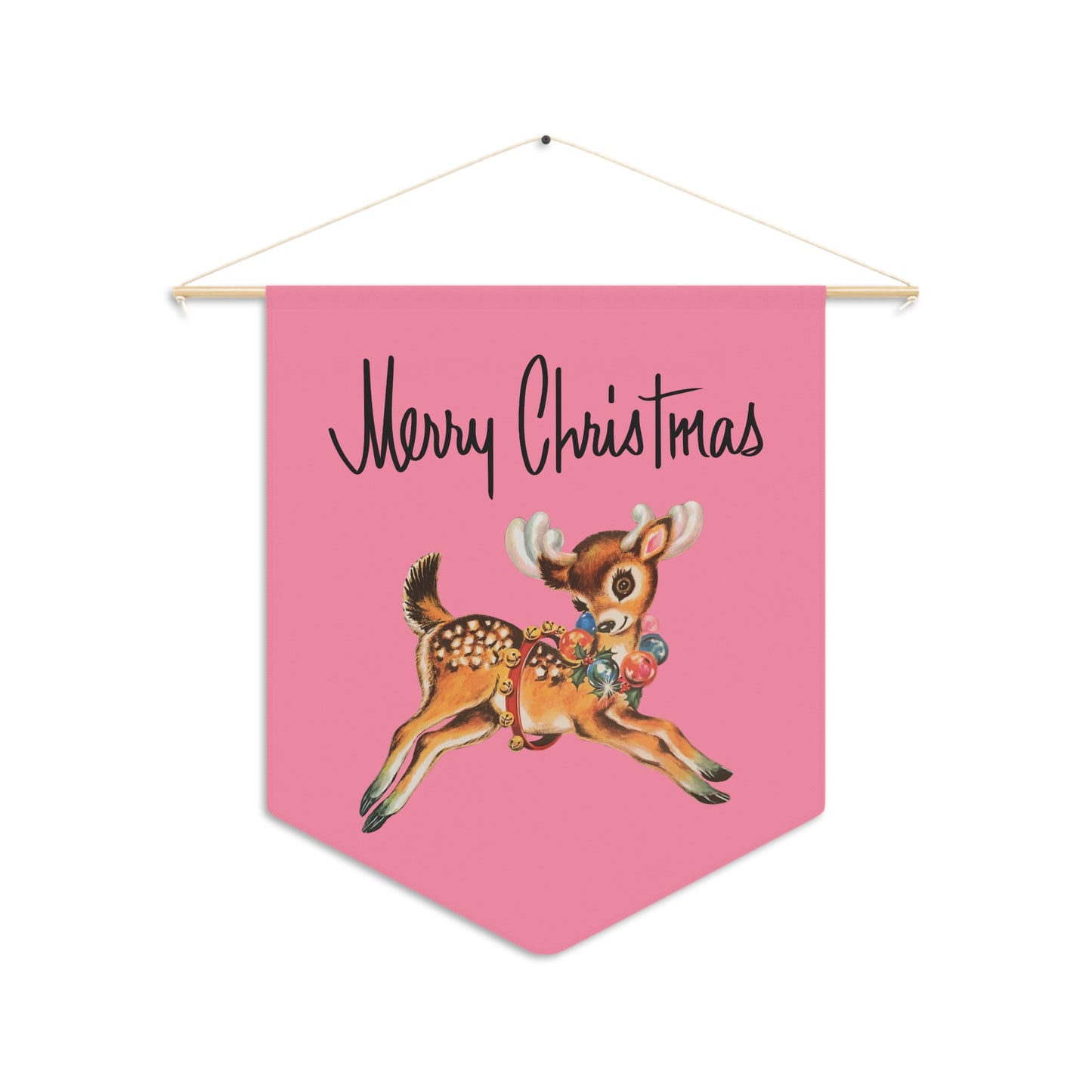 Merry Christmas Reindeer Mid Century Retro Pink Christmas Print Wall Hanging Banner Flag