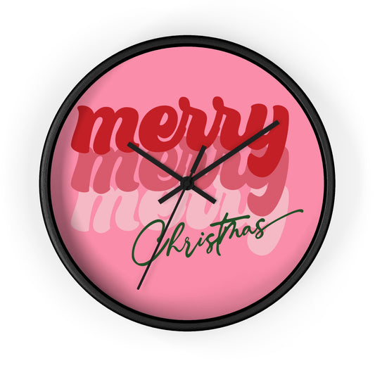 Merry Merry Merry Christmas Trees Pink Christmas Black Christmas Wall Clock