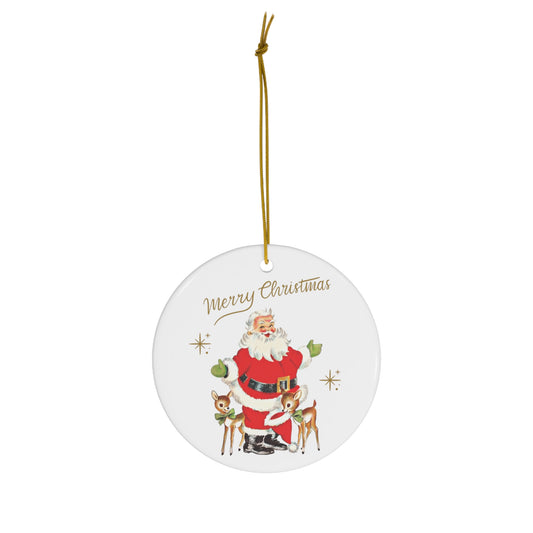 Merry Christmas Santa With Reindeer Gold Stars Mid Century Retro Christmas Print Ceramic Ornament