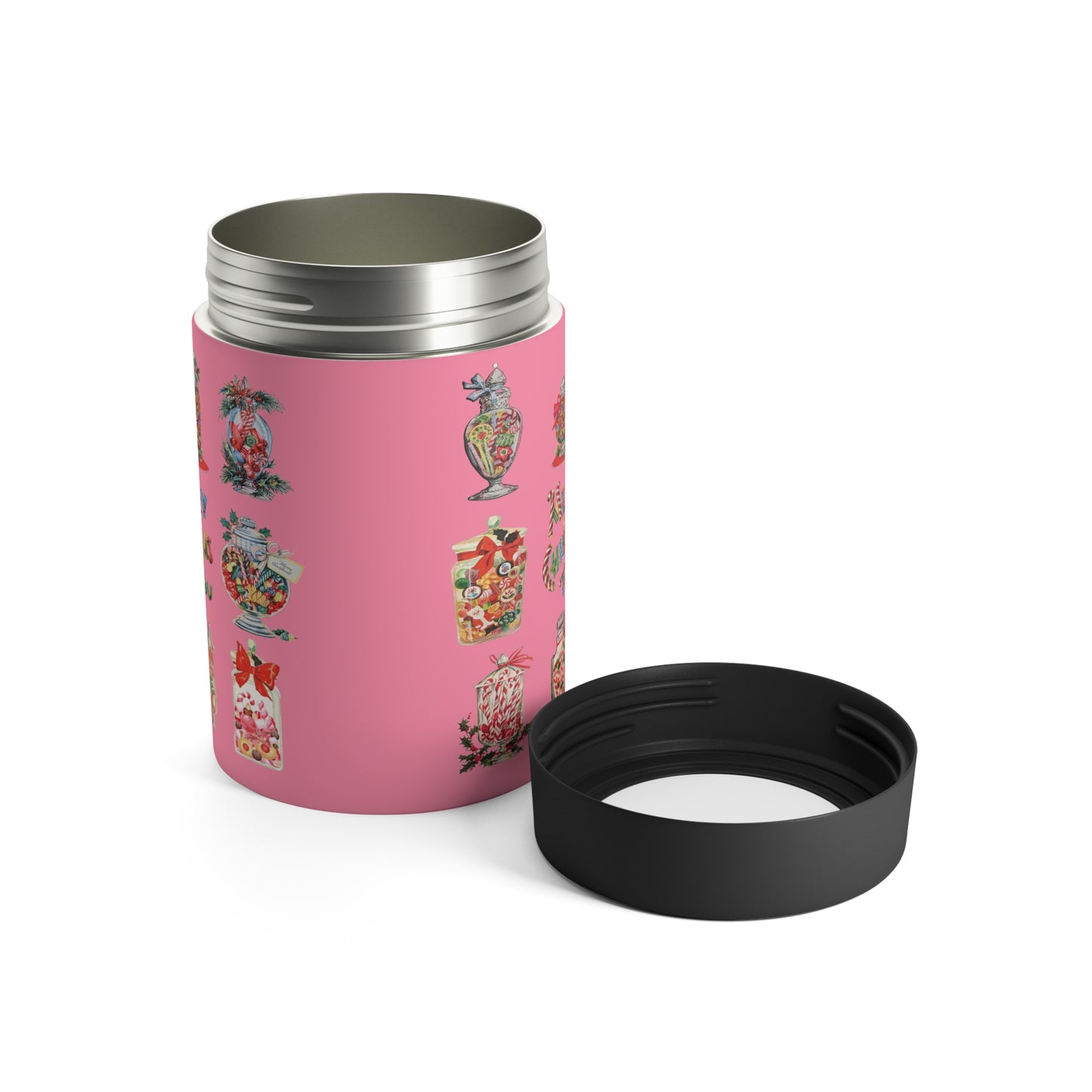 Merry Christmas To You Candy Pink Mid Century Retro Christmas Print Stainless Steel Can Holder