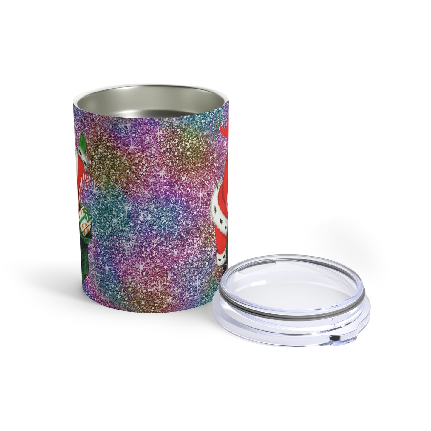 Santa With His Sack Of Presents Glitter Background Retro Christmas Print Stainless Steel Tumbler 10oz