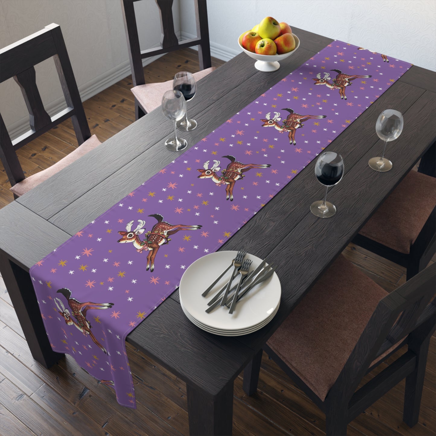 Reindeer Stars Purple Mid Century Retro Christmas Print Home Decor Cotton Poly Table Runner