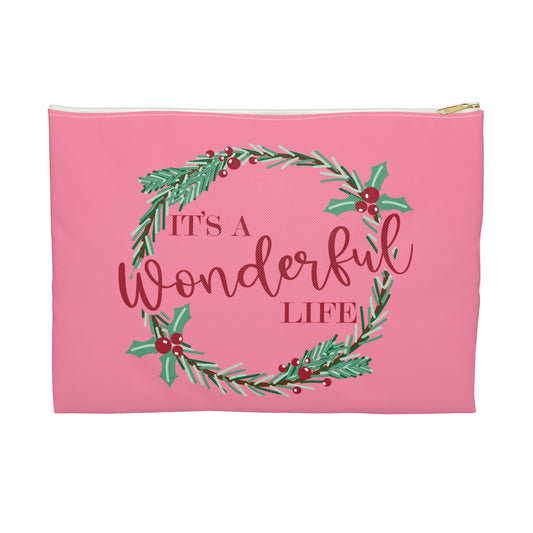 It's A Wonderful Life Wreath Pink Retro Style Christmas Print Polyester Accessory Pouch Travel Bag