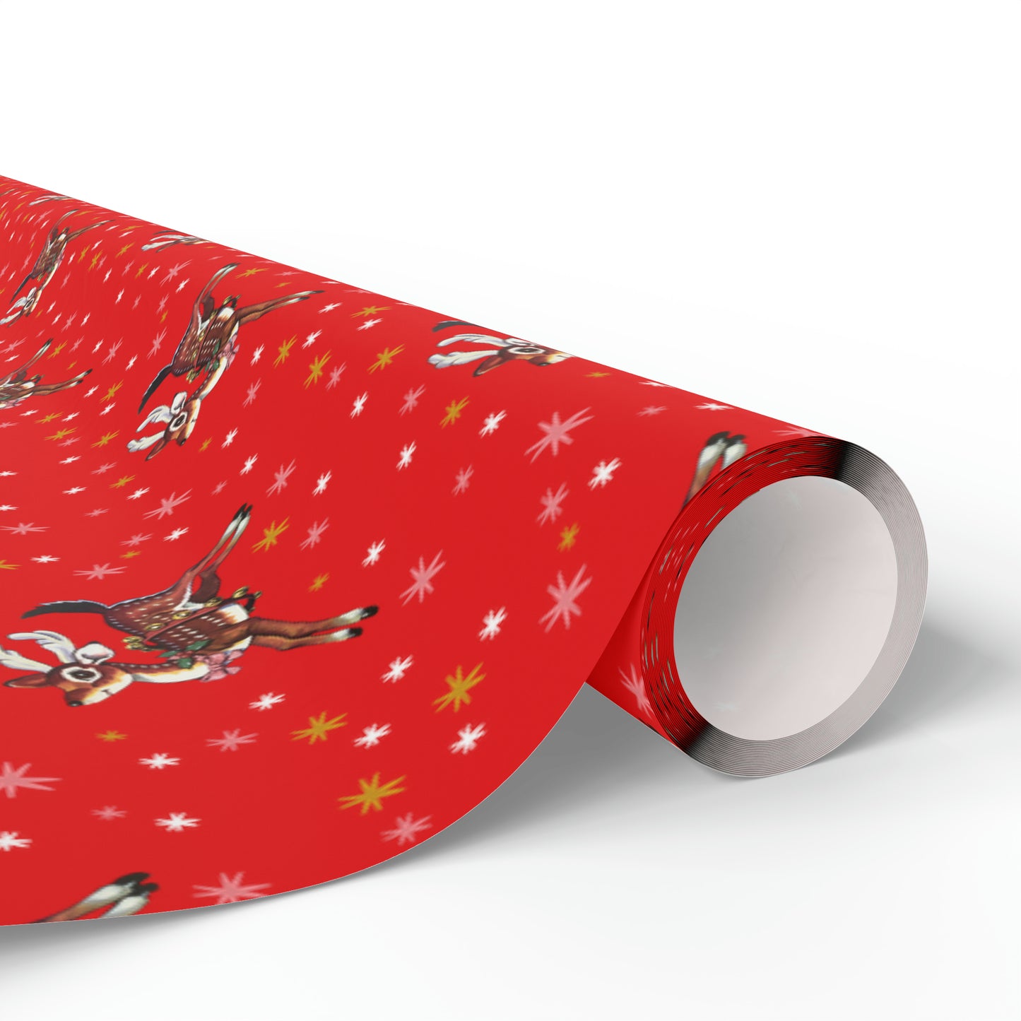 Leaping Reindeer Stars Red Mid Century Retro Christmas Print Holiday Gift Wrap Paper - Glossy Or Matte