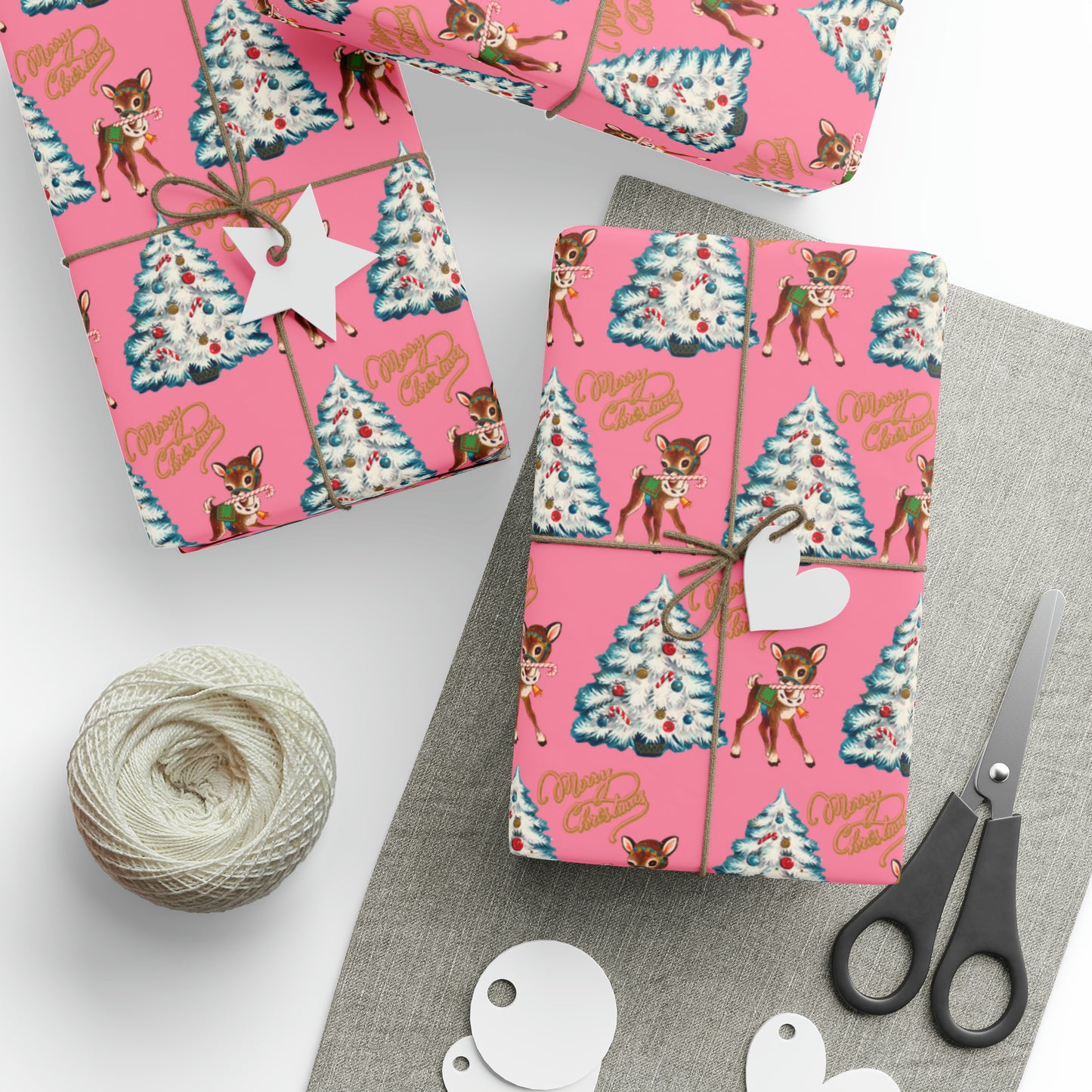 Merry Christmas Reindeer With Candy Cane Tree Pink Mid Century Retro Christmas Print Holiday Gift Wrap Paper - Glossy Or Matte