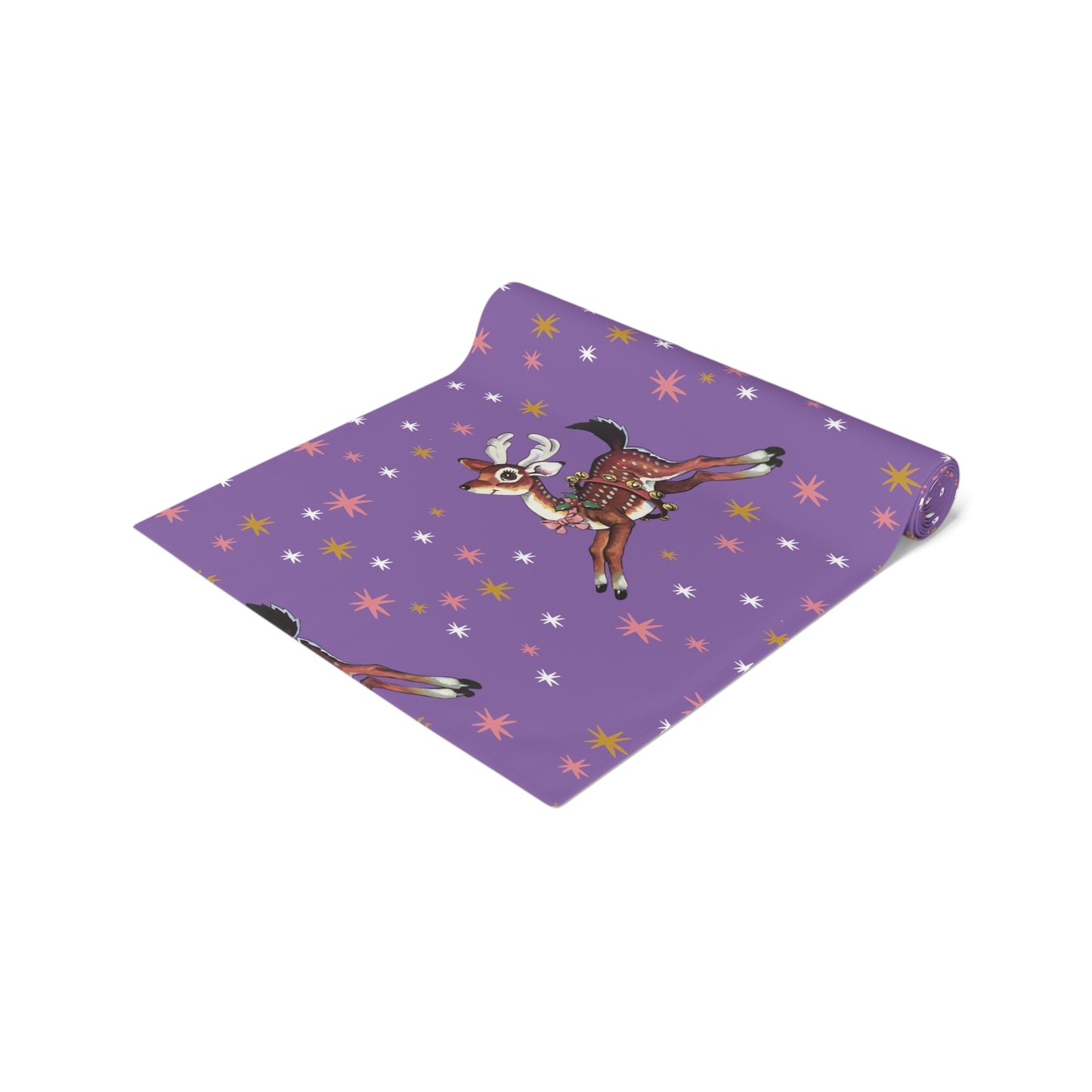 Reindeer Stars Purple Mid Century Retro Christmas Print Home Decor Cotton Poly Table Runner