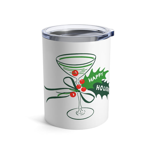 Happy Holidays Vintage Champagne Holly 50s Mid Century Retro Christmas Print Stainless Steel Tumbler 10oz