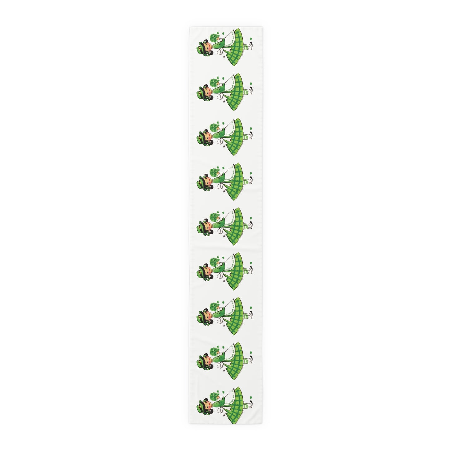 This table runner features a retro midcentury St. Patrick&#39;s Day illustration of a girl dressed in green, wearing a hat and holding shamrocks.