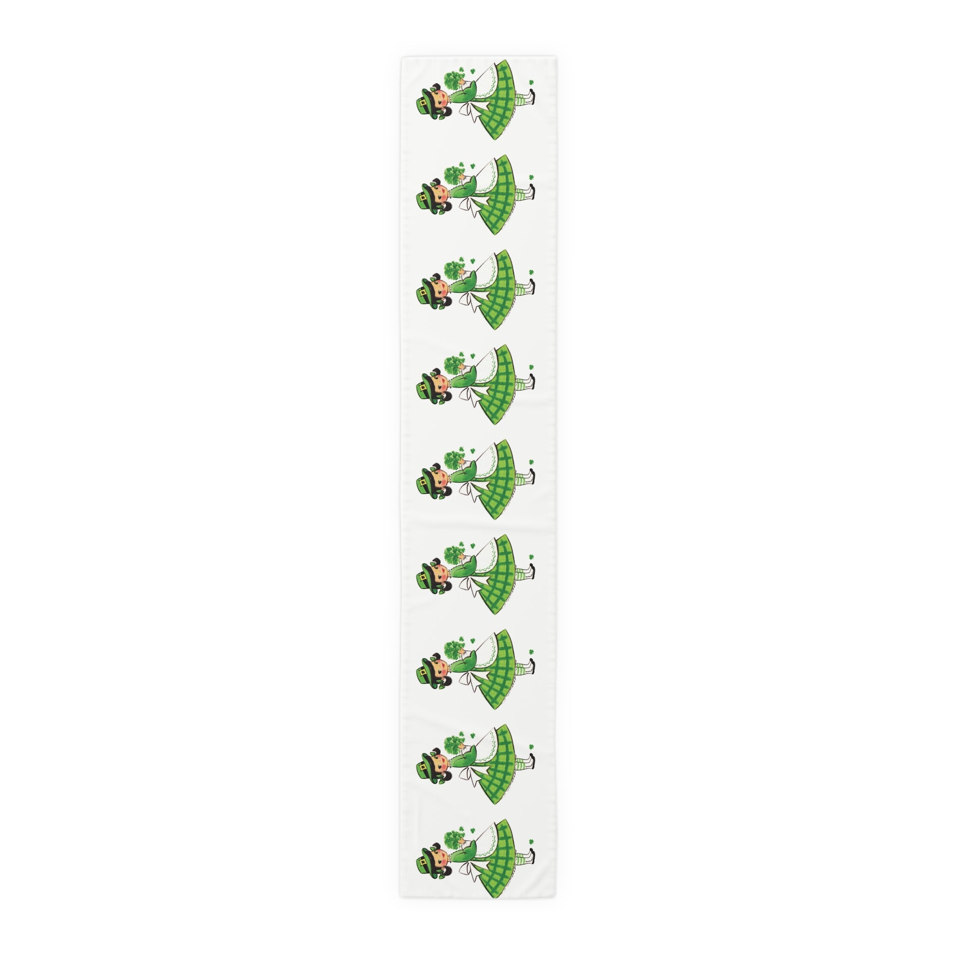 This table runner features a retro midcentury St. Patrick&#39;s Day illustration of a girl dressed in green, wearing a hat and holding shamrocks.