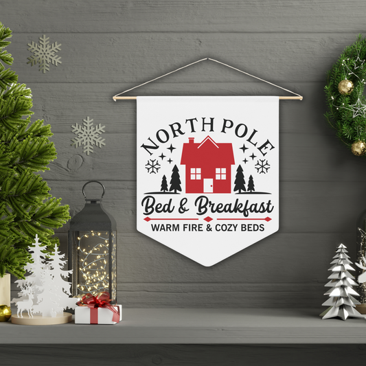 North Pole Bed And Breakfast Warm Fire And Cozy Beds Christmas Wall Hanging Banner Flag