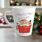 This glossy ceramic latte coffee mug says Christmas Wishes and features a retro Midcentury illustration of Santa peeking out of a snowy chimney with two mice.