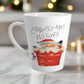 This glossy ceramic latte coffee mug says Christmas Wishes and features a retro Midcentury illustration of Santa peeking out of a snowy chimney with two mice.